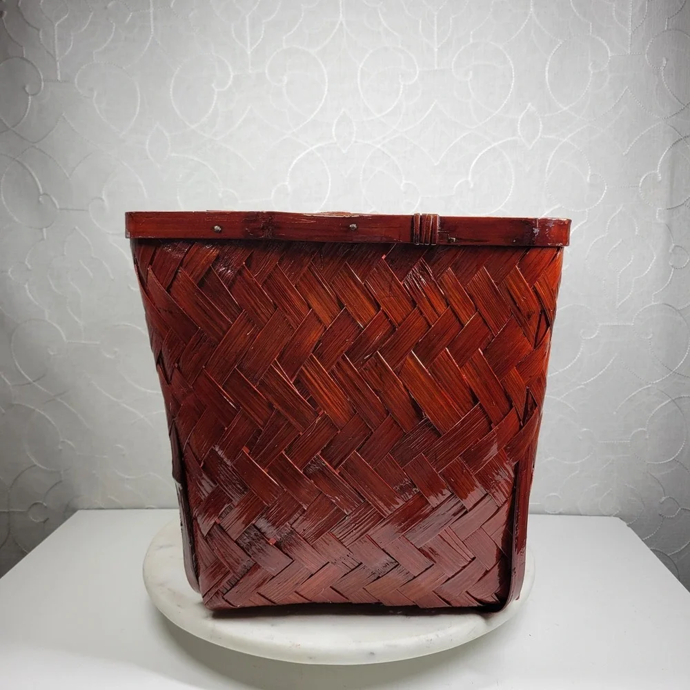 Vintage Lacquered Woven Bamboo Basket Bentwood Square Storage Basket Rustic